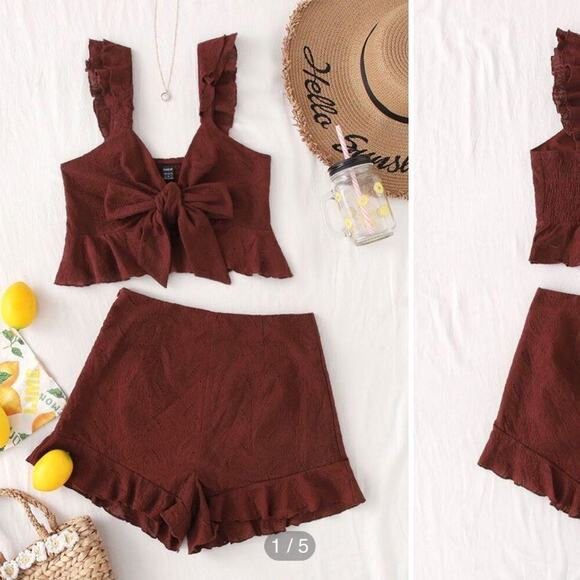 Eyelet Embroidery Ruffle Trim Knot Front Cami Top & Shorts Set SZ 4 chocolate - Picture 3 of 14